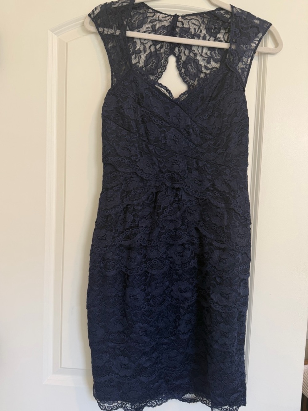 Navy Lace V-Neck Midi Dress with Cap Sleeves